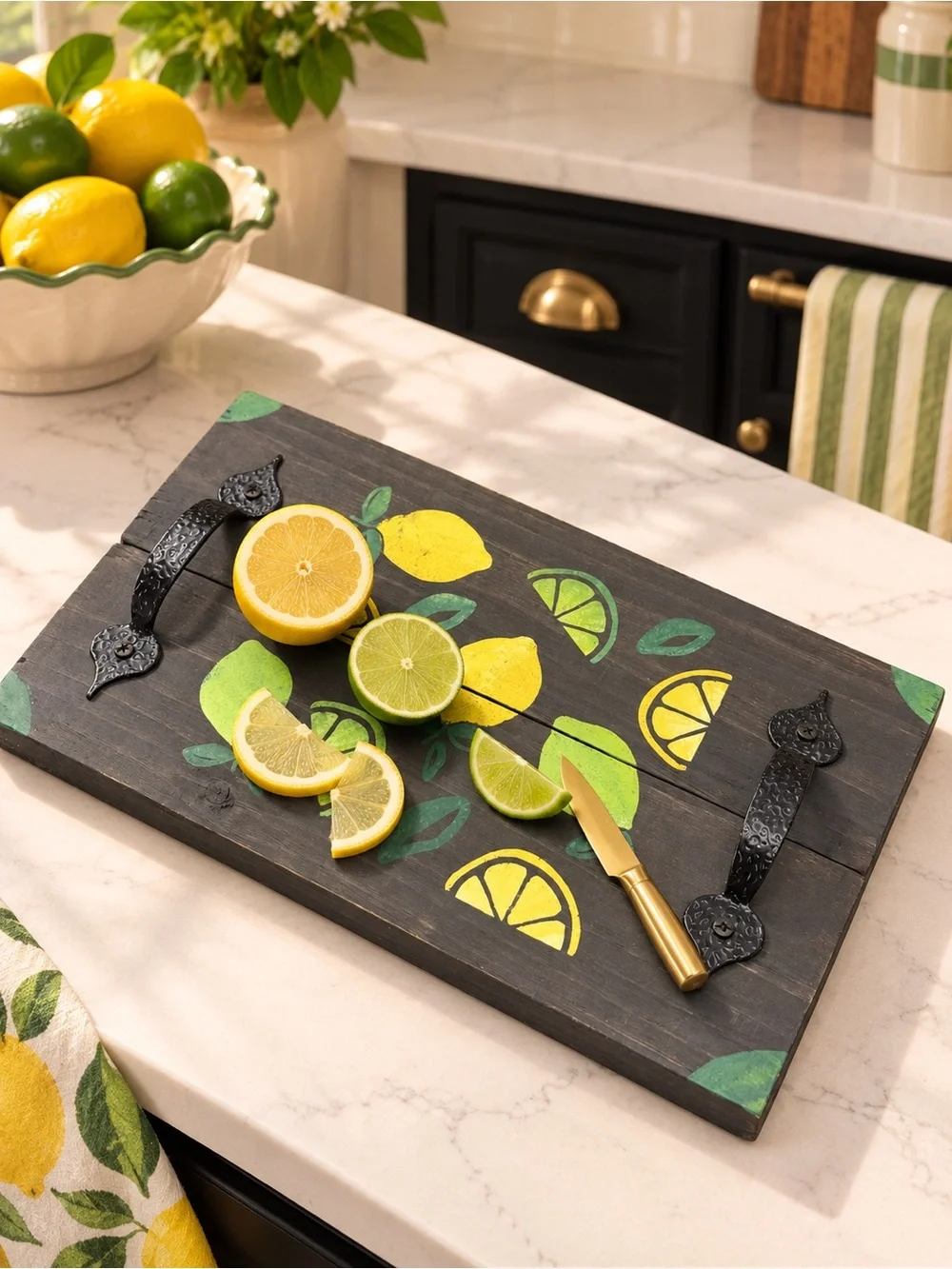 Decorative Yellow and Green Book Set - Home Kitchen Accent with Tray